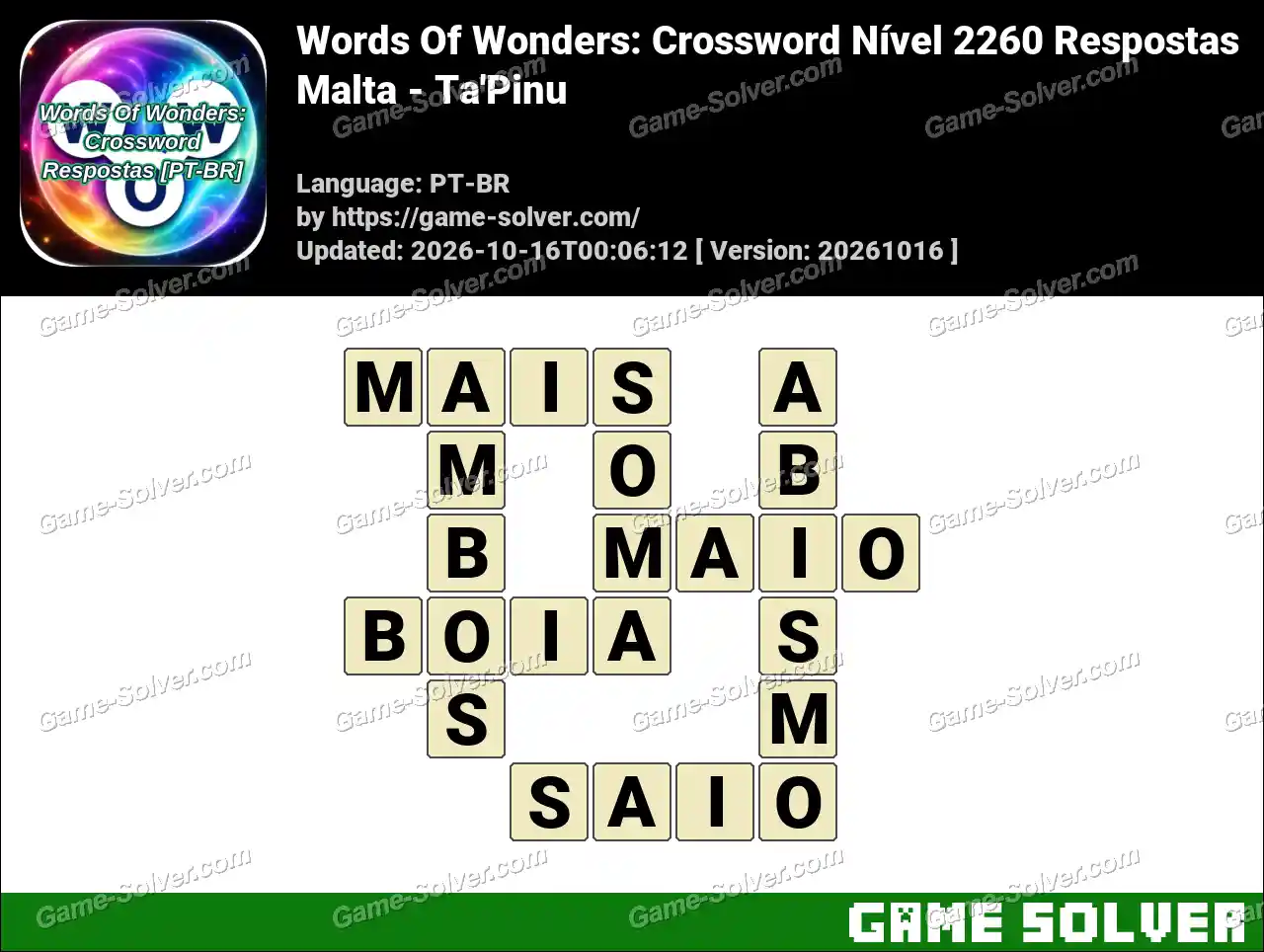 Words Of Wonders: Crossword Nível 2260 Respostas – Malta – Ta’Pinu